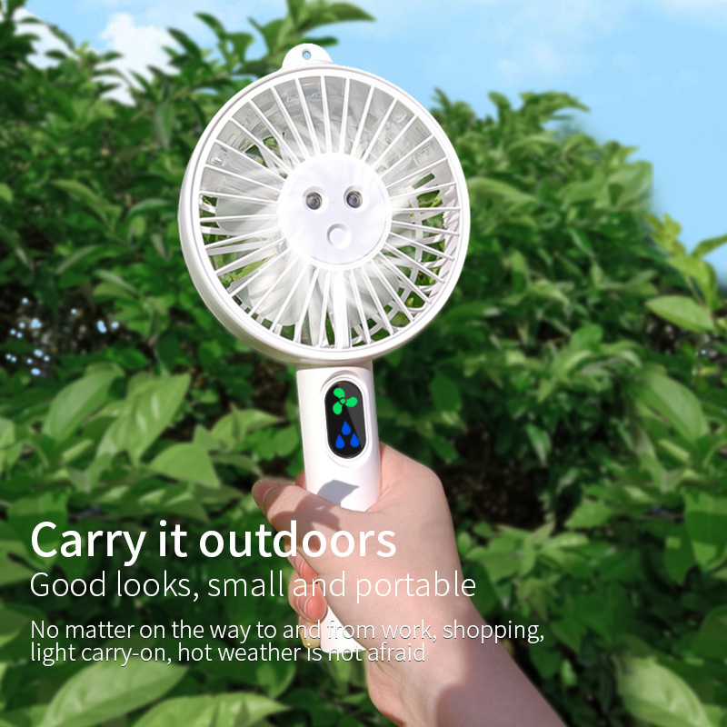 Neuer kleiner, tragbarer Ventilator mit Doppelfunktion für den Sommer, ideal für draußen, mit langer Akkulaufzeit und Sprühfunktion für kalte Temperaturen_voghion.com