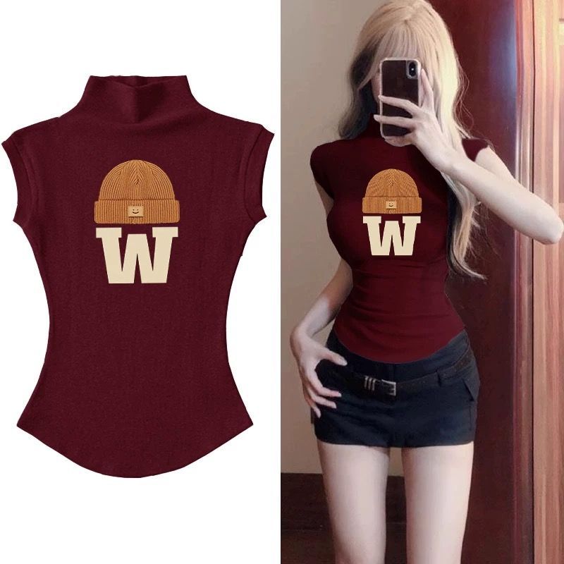 Pure Sweet Cool Spice Girls Half-high Neck Printed Short-sleeved T-shirt Women's Design Sense Niche Spice Girls Base Shirt Tight Top Pure Sweet Cool Spice Girls Half-high Neck Printed Short-sleeved T-shirt Women's Design Sense Niche Spice Girls Base Shirt Tight Top