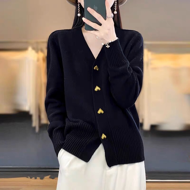 欧美跨境外贸秋冬新款纯色简约针织开衫女爱心扣长袖宽松毛衣外套|undefined