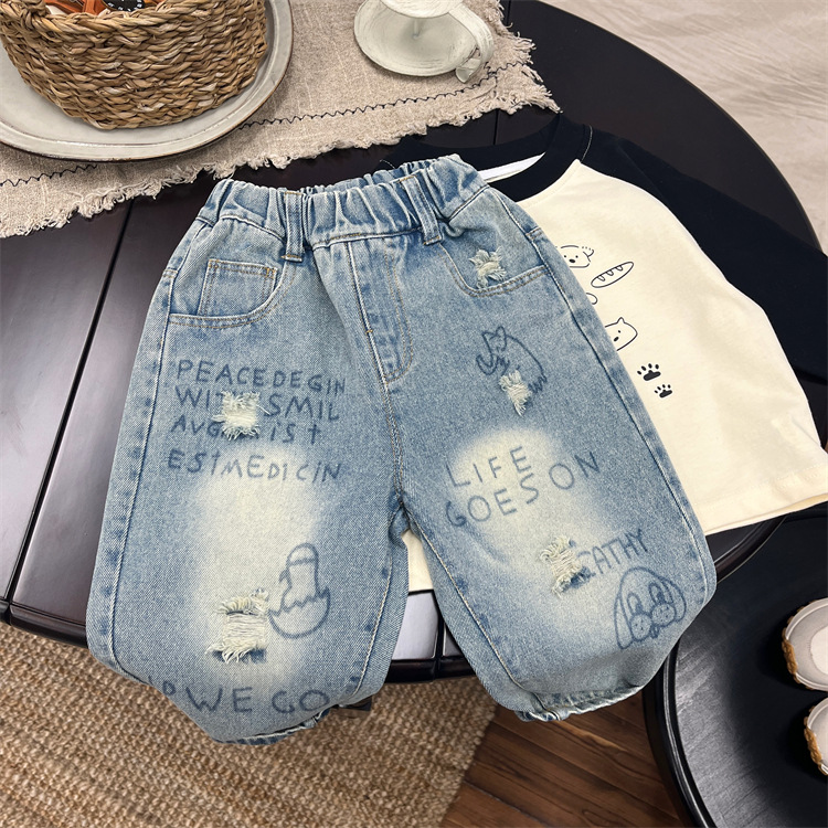 Blugi pentru copii, primăvară și bebeluși la modă pentru toamnă, versiune coreeană, model graffiti cu picior drept pentru băieți._voghion.com