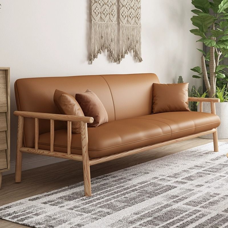 日式实木沙发小户型现代简约三人位直排客厅皮艺沙发