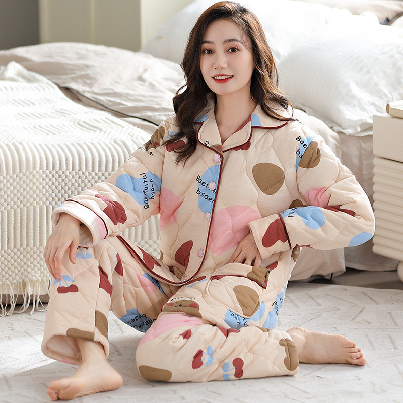 冬季夹棉睡衣女2025年新款纯棉三层加厚保暖冬天家居服套装