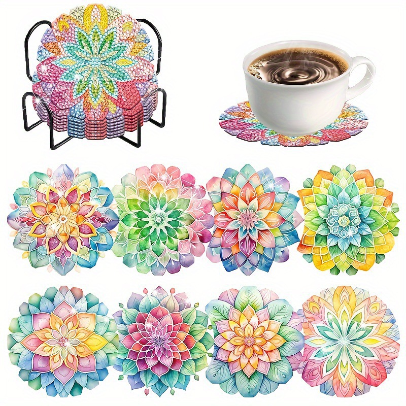 Ventas transfronterizas calientes de 8 piezas de conjunto de cojín de taza de arte de diamante, con soporte, pequeño conjunto de pintura de diamante, adecuado para adultos