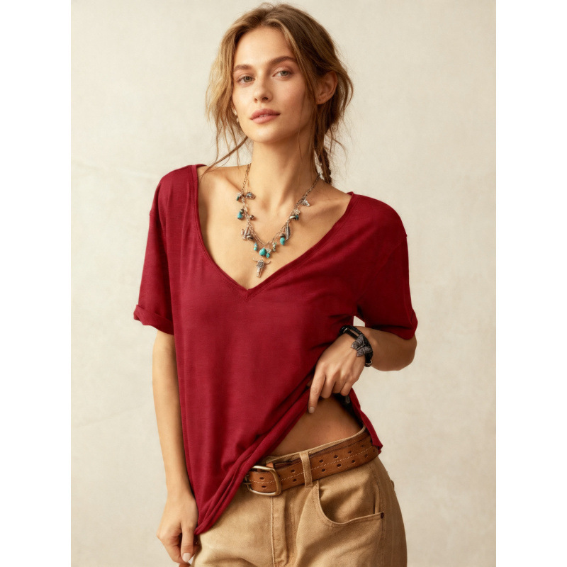 Jingwei Smart Chain | European and American Retro Deep V-Neck Drop-Shoulder Loose T-Shirt Exclusively Available on Shein.