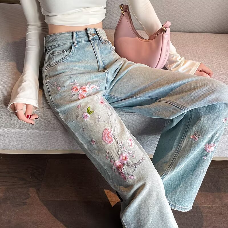 Pink Flower Embroidered Jeans Women's Summer New Chinese Style High Waist Slimming Wide Leg Pants Washed Light Color Straight Pants