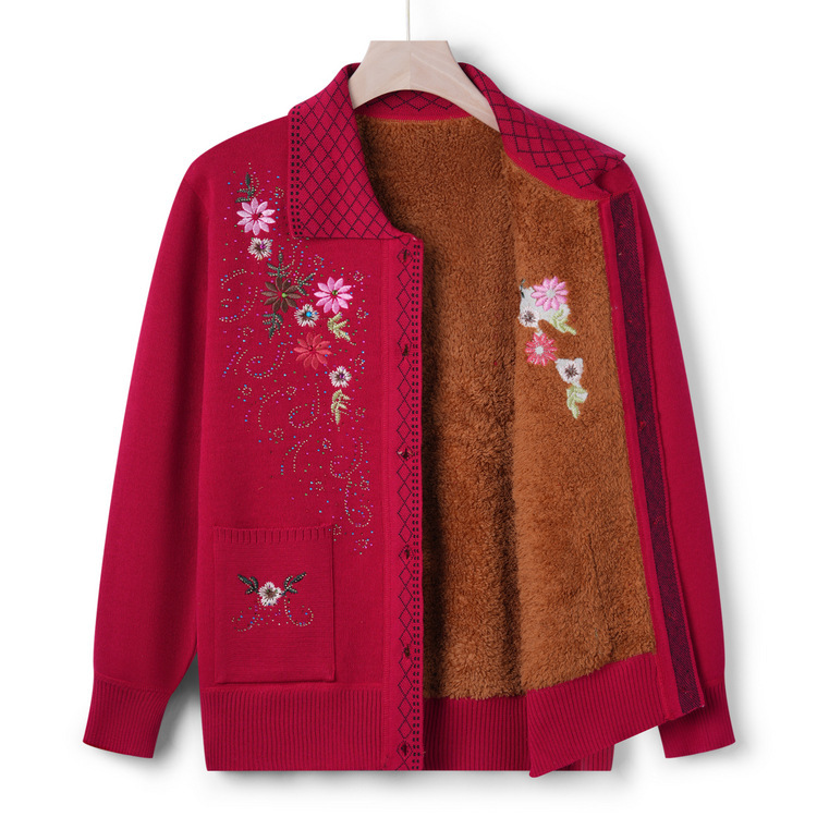Foreign-style Granny Lapel fleece-lined Knitted Sweater Cardigan Women's Middle-aged and Elderly Mother Thickened Sweater Autumn and Winter Coat