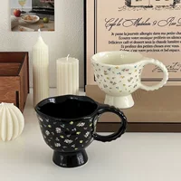 Ceramic Retro Floral Mug, High-Value Handled Cup, 300 ml, Footed Breakfast Cup