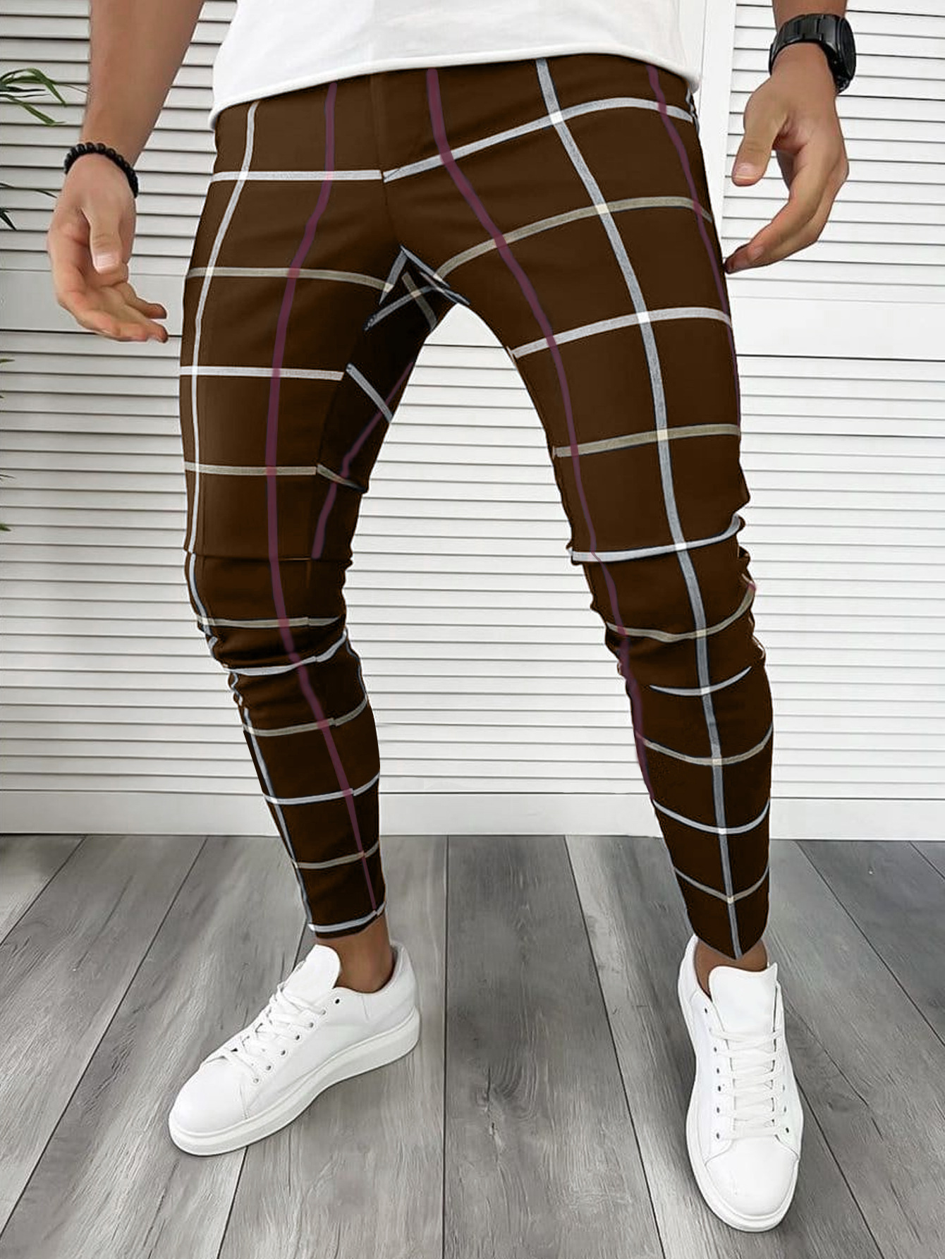 Pantaloni uomo a quadri slim fit pantaloni casual eleganti_voghion.com
