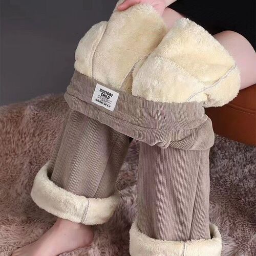 Wool-lined and thickened lambskin wide-leg pants for women - winter new styles, versatile, high-waisted, loose straight-leg, warm and comfortable.