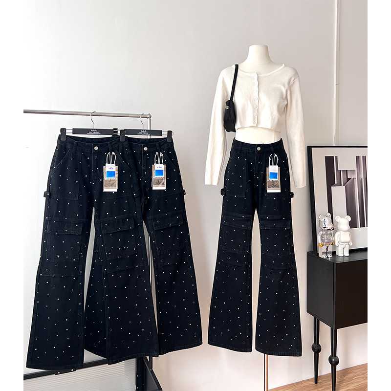 Callmeear//Gypsophila Niche Style Jeans with Rhinestones, High-Waisted, Slimming Straight-Leg Pants for Tall Women