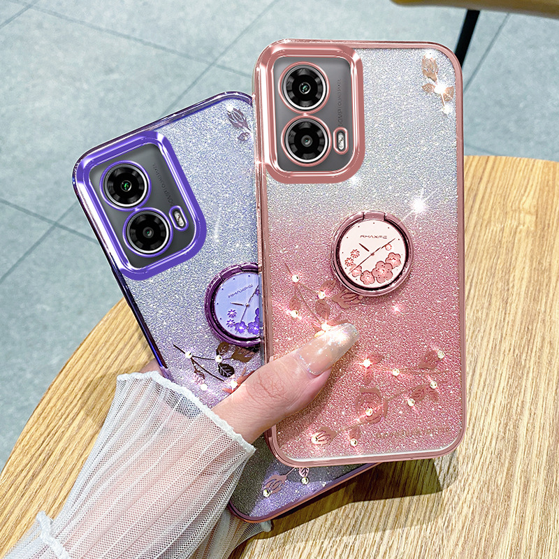 适用MOTO Edge60Pro手机壳摩托G86透明闪粉电镀G Play花朵保护套