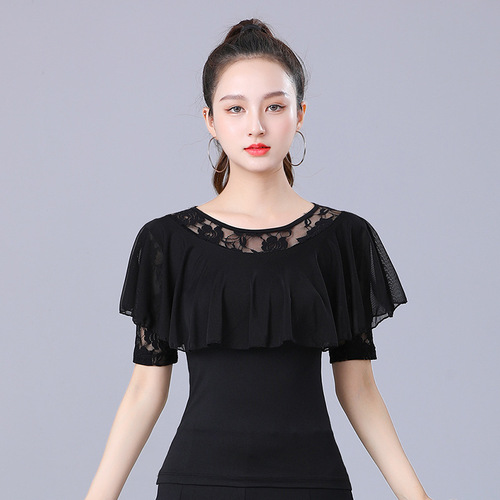 Square Dance Modern Dance Waltz Top Women's Round Neck New Dance Clothes Ruffled Latin Dance Clothing Summer Ballroom Dance
