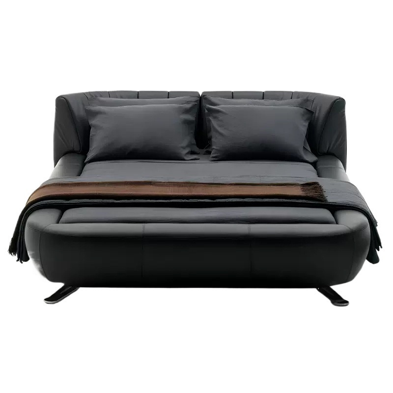 Genuine Leather Top Layer Cowhide Italian Minimalist Light Luxury Bed Modern Black Master Bedroom 1.8m Luxury Swivel Backrest Bed