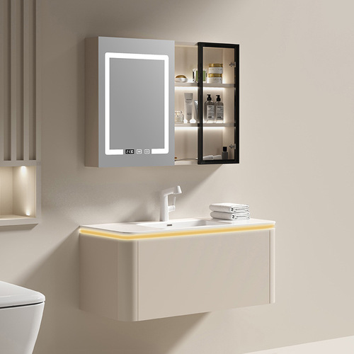 Cream style solid wood bathroom cabinet combination ceramic integrated basin milk coffee color arc sensor lamp Meijia Bathroom 3004