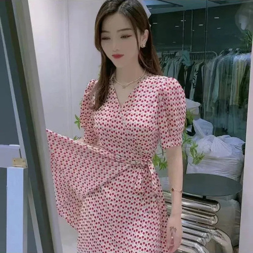 Cherry Blossom Print One-Piece Dress for Women, V-Neck, High-Waisted Short Skirt, Korean Style, Sheer Silk Fabric, Slimming and Shows Long Legs