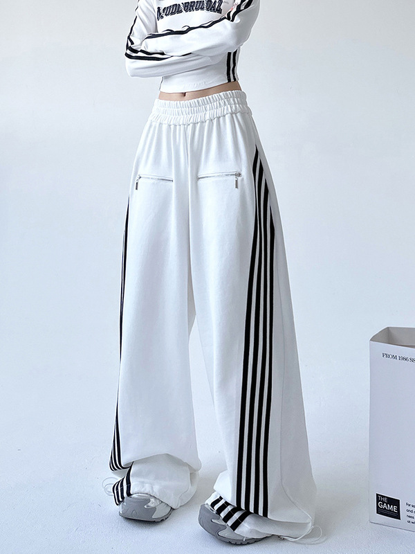 白色街头运动休闲裤女2025秋季新款侧条纹宽松阔腿裤慵懒运动裤子|undefined