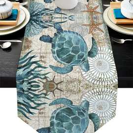 跨境亚马逊热卖绿色复古海洋系列桌旗欧式简约亚麻桌巾桌布