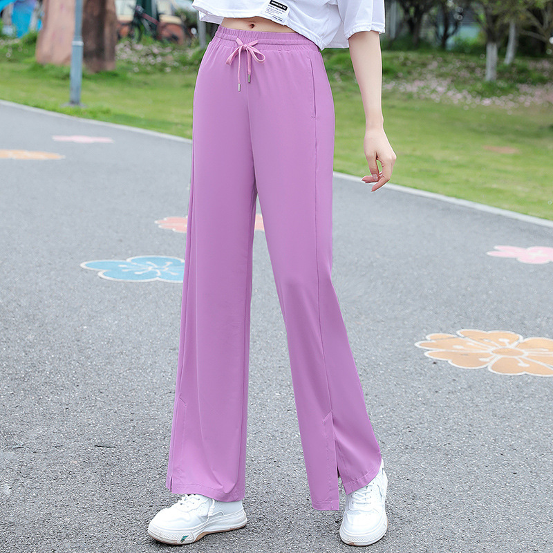 New Style Slit Sunscreen Quick-Drying High-Waisted Wide-Leg Pants for Women High-Elastic Nude-Feel Ice-Feel Anti-Uv Micro-Flared Sports Pants