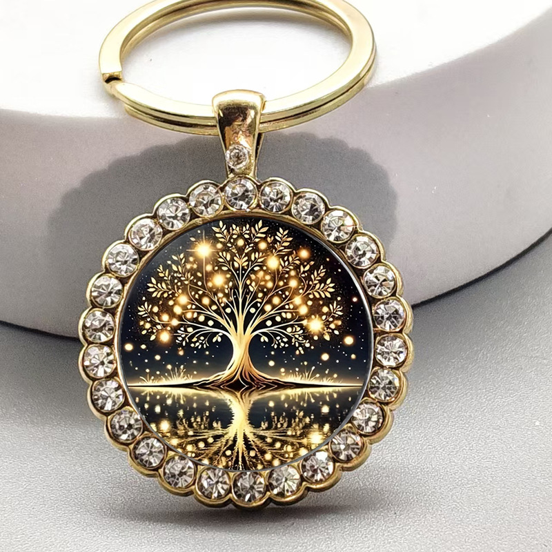 Cross-Border Fashion New Tree of Life Pattern Alloy Round Keychain Anniversary Gift Jewelry Wholesale