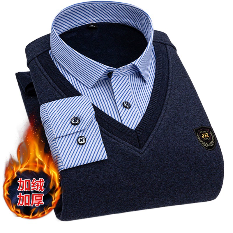 Поддельная рубашка из двух частей, мужской утолщенный пуловер на флисовой подкладке, теплая рубашка, мужской вязаный свитер, повседневная одежда для папы средних лет