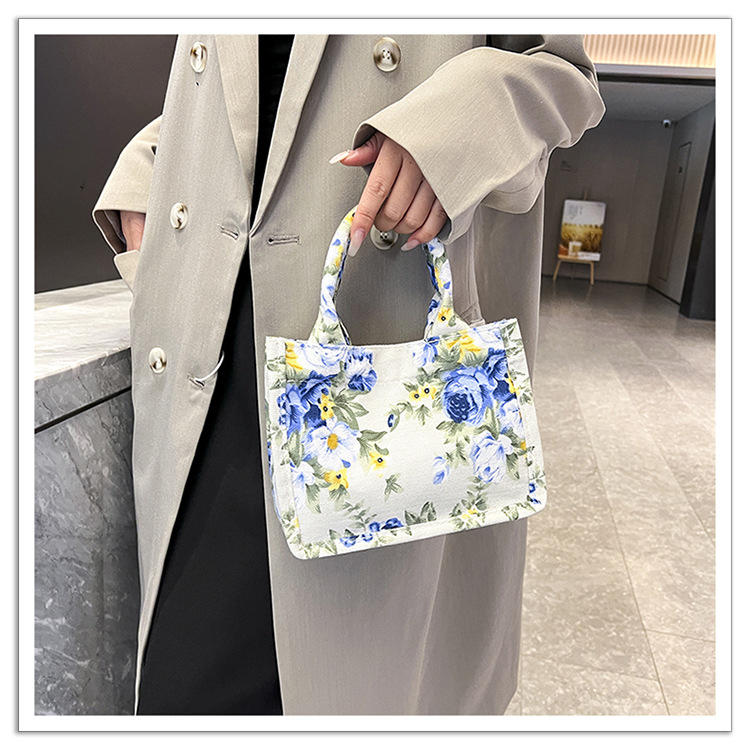 105g Weight Sewing Thread Fashion Element Magnetic Buckle Closure Type Double Handle Strap Type Handbag Bags Type Holiday, Daily Occasion Canvas Material Women's Backpack Backpack Flower Pattern All Seasons Season Women's Gender Elegant Style Square Shape Women's Canvas Flower Elegant Sewing Thread Square Magnetic Buckle Handbag 8