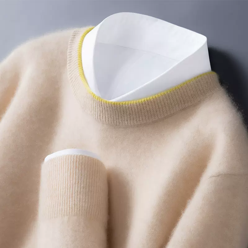 秋冬新款100%纯羊毛衫男圆领拼色打底毛衣宽松休闲商务羊绒针织衫