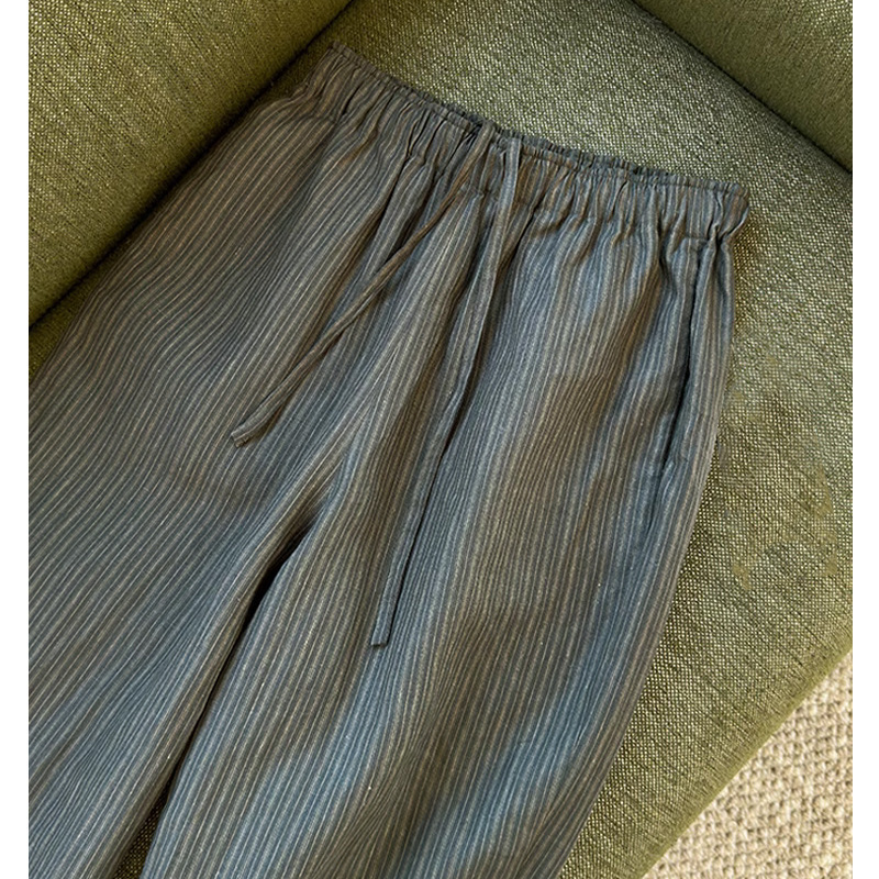 CHAO class recommend! GAO-Ended Niche Olive Grey Striped Strap Waist Linen Straight Pants
