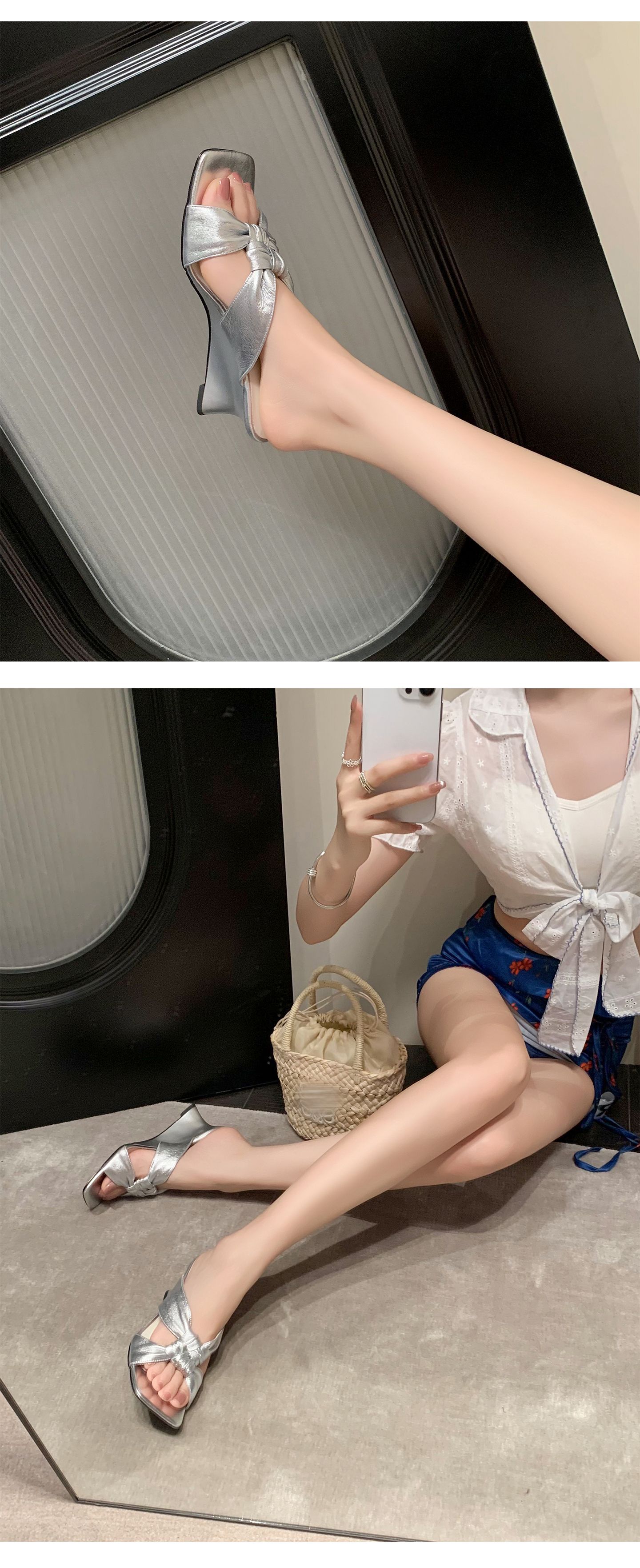 Sandal cao gót nữ mũi vuông hở ngón đế xuồng quai chéo — màu vàng, màu trắng ngà, bạc chi tiết 15