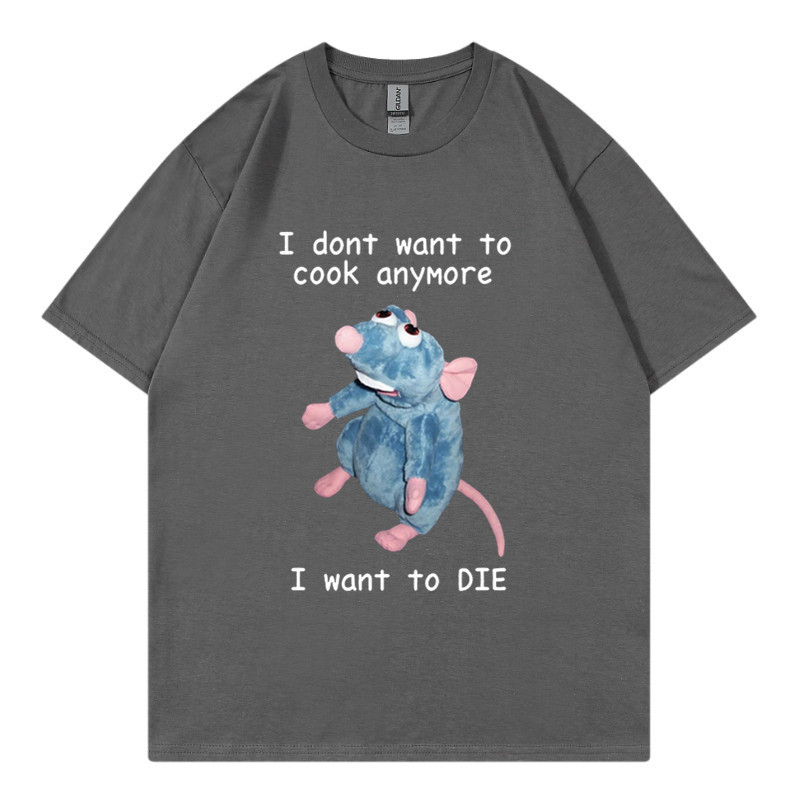 T-shirt en pur coton marque de mode sport nouveaux hommes ample col rond imprimé souris je ne veux pas cuisiner à nouveau T-shirt_voghion.com