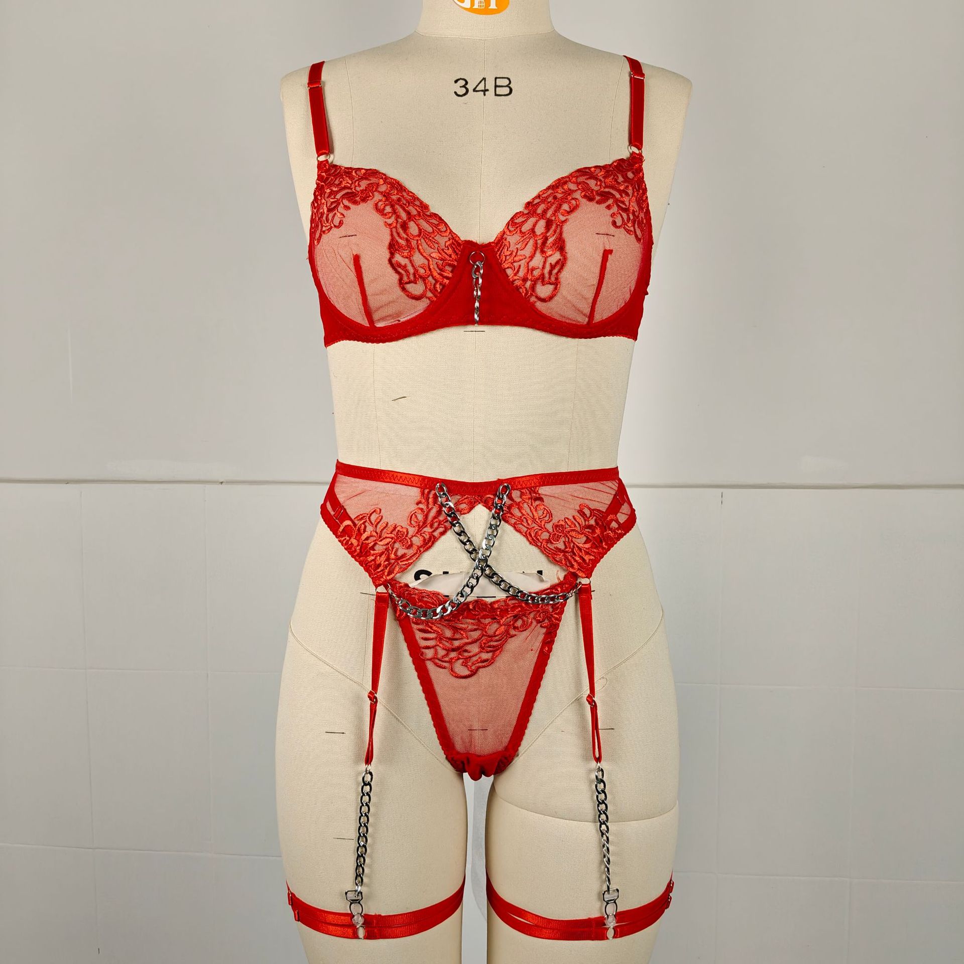 Women's Sexy Solid Color Stainless Steel Flower & Leaf Jewelry Indoor Home Sheer Bra Low Waist See-Through Sexy Lingerie display picture 4