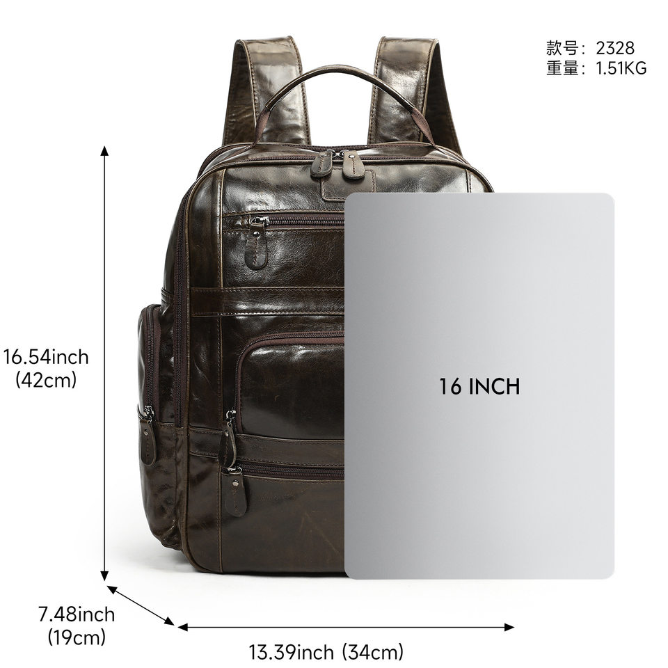 Ba lô da thật đầu da bò cao cấp nam tính, ba lô công tác du lịch đựng laptop 16 inch — 2318 Đen (hoa văn vải), Màu cà phê (da dầu)