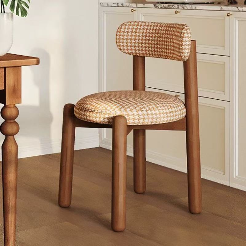 Medieval Style Home Solid Wood Dining Chair Retro Chair Houndstooth Fabric Back Chair Designer Casual Restaurant Chair