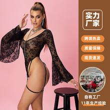 欧美半透明透视性感纯欲连体衣黑色长袖蕾丝内衣套装跨境批发情趣