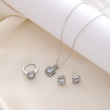 欧美热销项链套装 跨境时尚气质方形镶钻锆石项链耳环戒指三件套