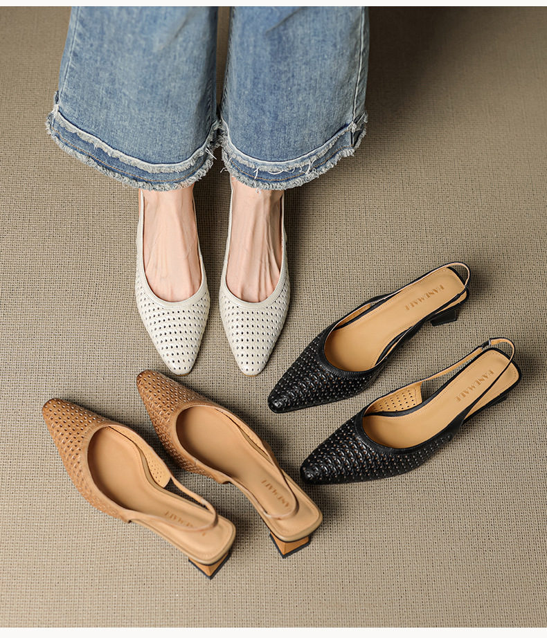 Sandal nữ da bò dệt mũi kín gót thô cao 6 cm phong cách công sở — đen chi tiết 9