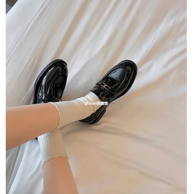 牛皮现货~凯旋门金扣一脚蹬懒人乐福单鞋小个子内增高小皮鞋秋冬|undefined
