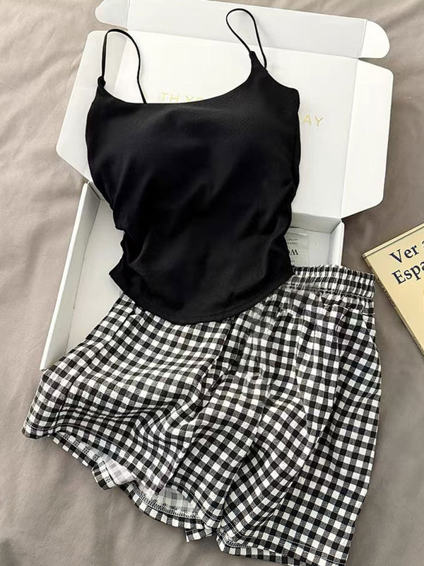 女性用胸パッド付きピュアデューティパジャマ、サマーサスペンダーイン韓国風ベストショーツ、夏に屋外で着用可能、ホームウェアセット|undefined