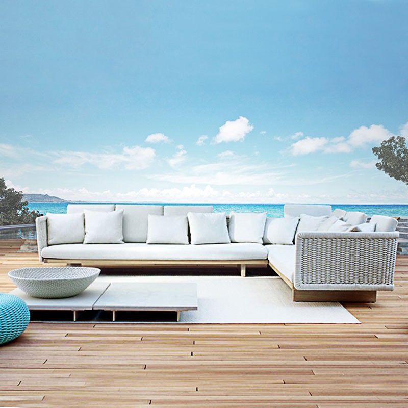 Sofá de jardín de ratán al aire libre Villa Garden B & B Sofá de teca nórdica simple al aire libre combinación de silla de mimbre tejida