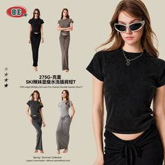 BE Women's Clothing | 2025 Summer European and American Cross-border Small Round Neck Women's T-shirts Hot Girls' Clothing Thin Style Front Shoulder Slim Short Sleeve Women