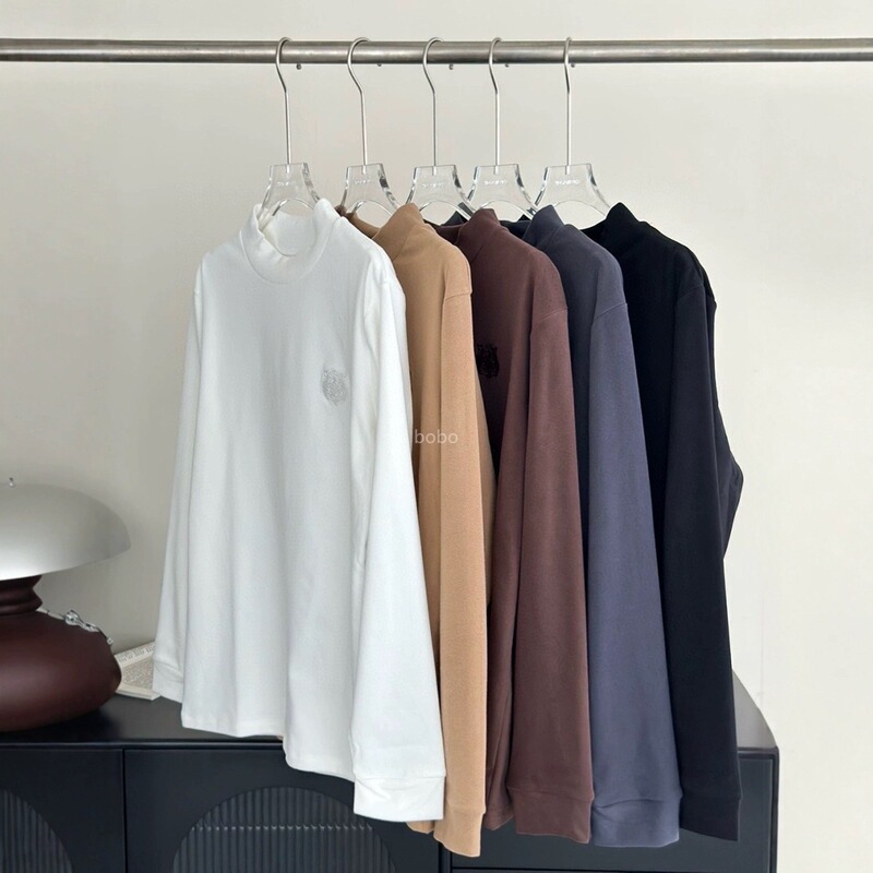112708 Tiger Head Embroidery Men's Solid Color Half-High Collar Long-Sleeve Base Shirt Slim Fit Trendy Casual Thermal Skin-Friendly