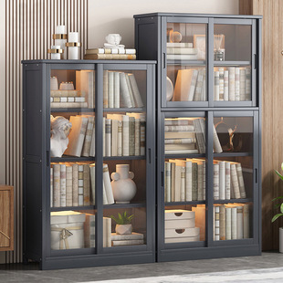 Wall-Mounted Dust-Proof Floor-Standing Living Room Bookshelf Display Cabinet Home Assembly Light Luxury Glass Door Bookcase Sliding Door with Door