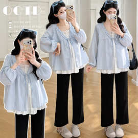 2026新款春季韩版宽松假两件设计感木耳边孕妇衬衫法式孕妇上衣