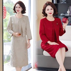 喜婆婆婚宴装国风妈妈礼服50中老年女秋季连衣裙红色蕾丝改良旗袍