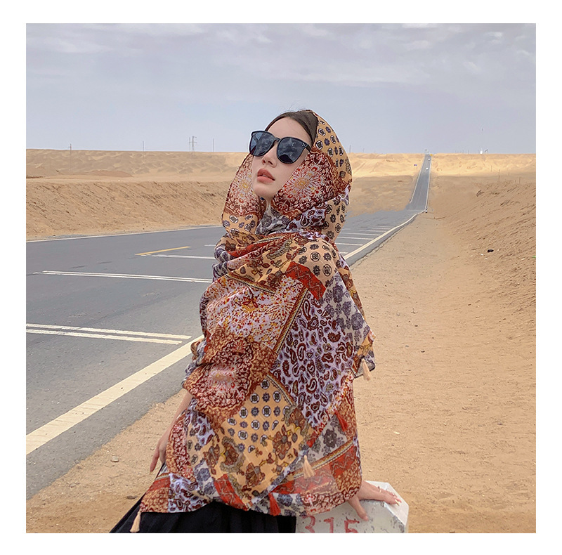 2023 nuevo ligero de algodón y lino sensación bufanda estilo étnico anacardo costura totem impresión viajes fotografía chal para las mujeres