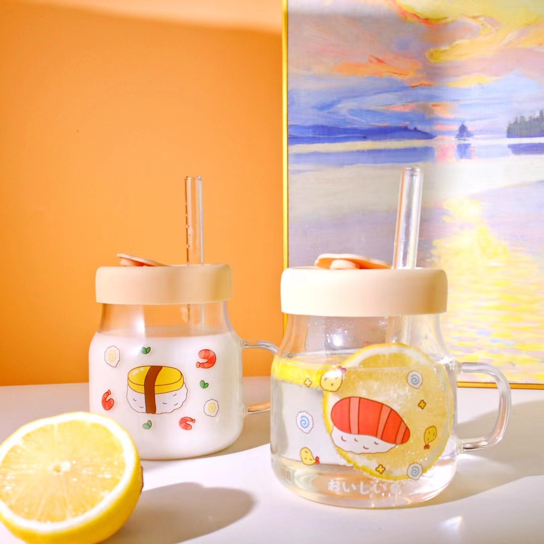 Creativo de dibujos animados grande paja taza agua estudiante leche té vidrio borosilicato gran capacidad personalidad alto valor color