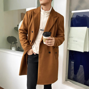 Big Sale--European and American Cross-Border Men's Woolen Outwear Mid-Length British Double-Breasted Woolen Outwear Export