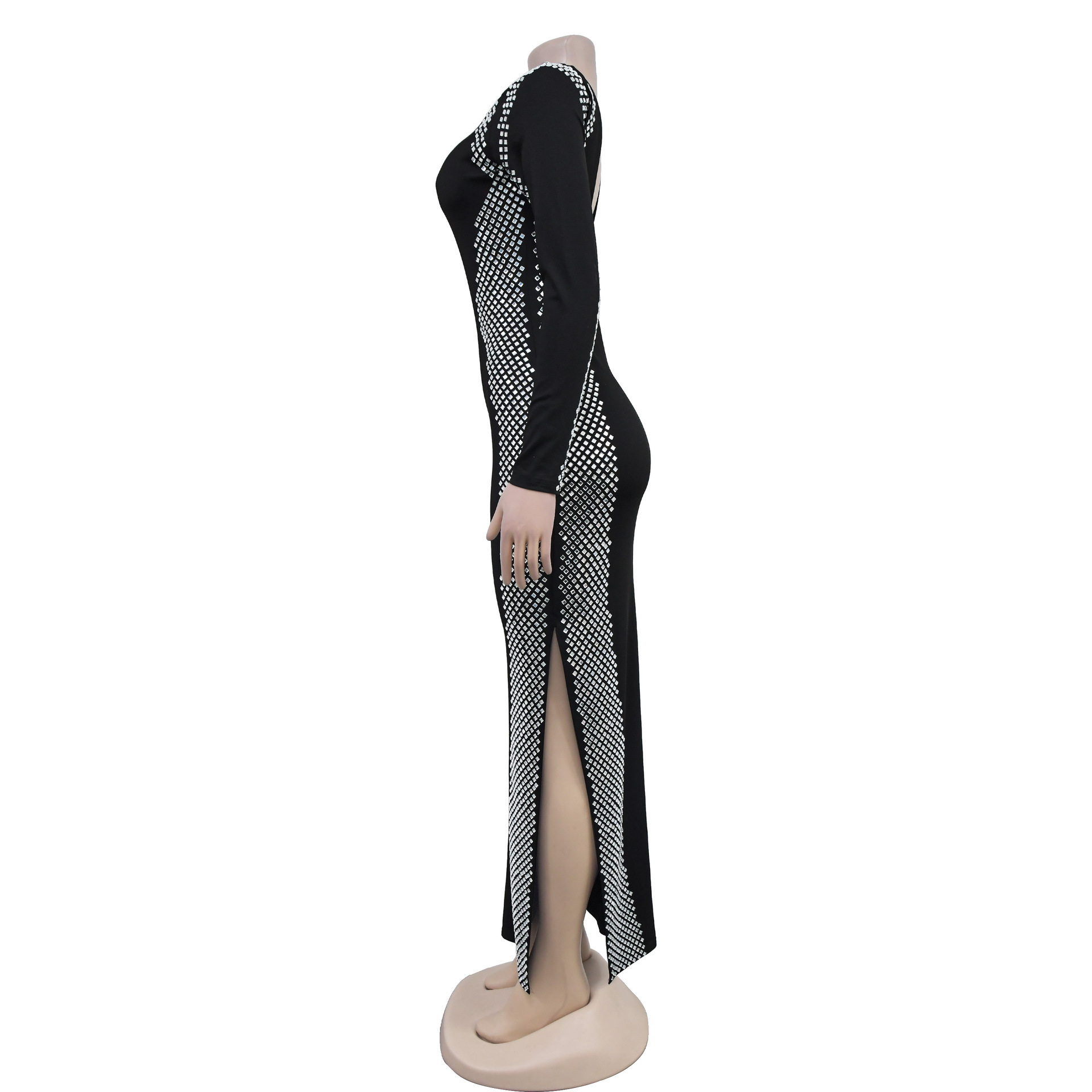 Abito lungo con spacco sulla schiena e maniche lunghe da donna_voghion.com