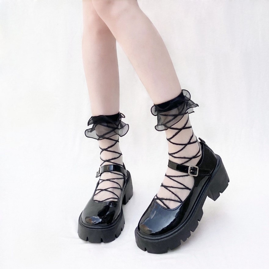 21st New Japanese Style Crossed Glass Fiber Mid-Calf Socks Cute Girl Lolita Lace Socks Summer Thin Crystal Socks