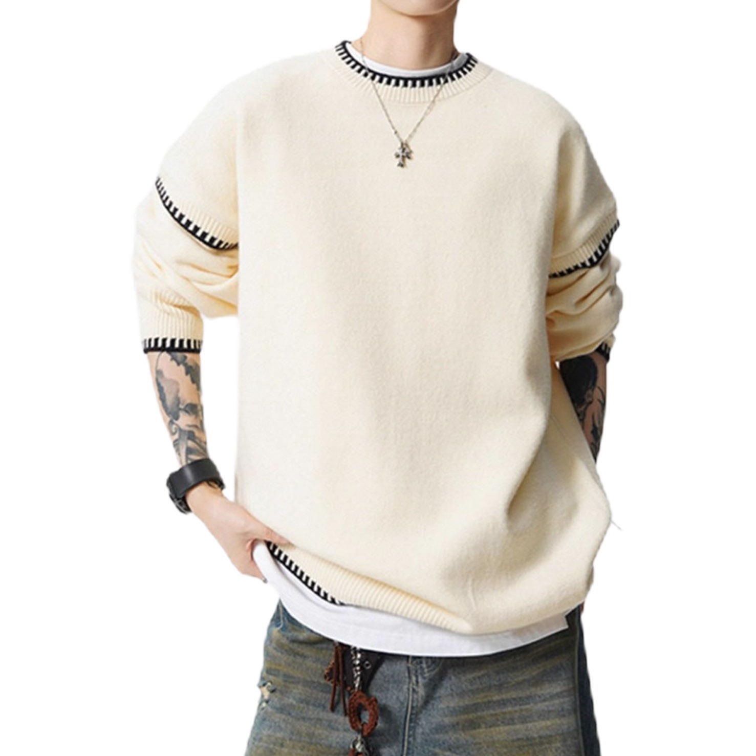 Explosiones transfronterizas de tamaño europeo de tamaño grande falso dos piezas negras bordes de color contrastantes camisetas de cuello redondo suéter hombre otoño invierno fábrica al por mayor