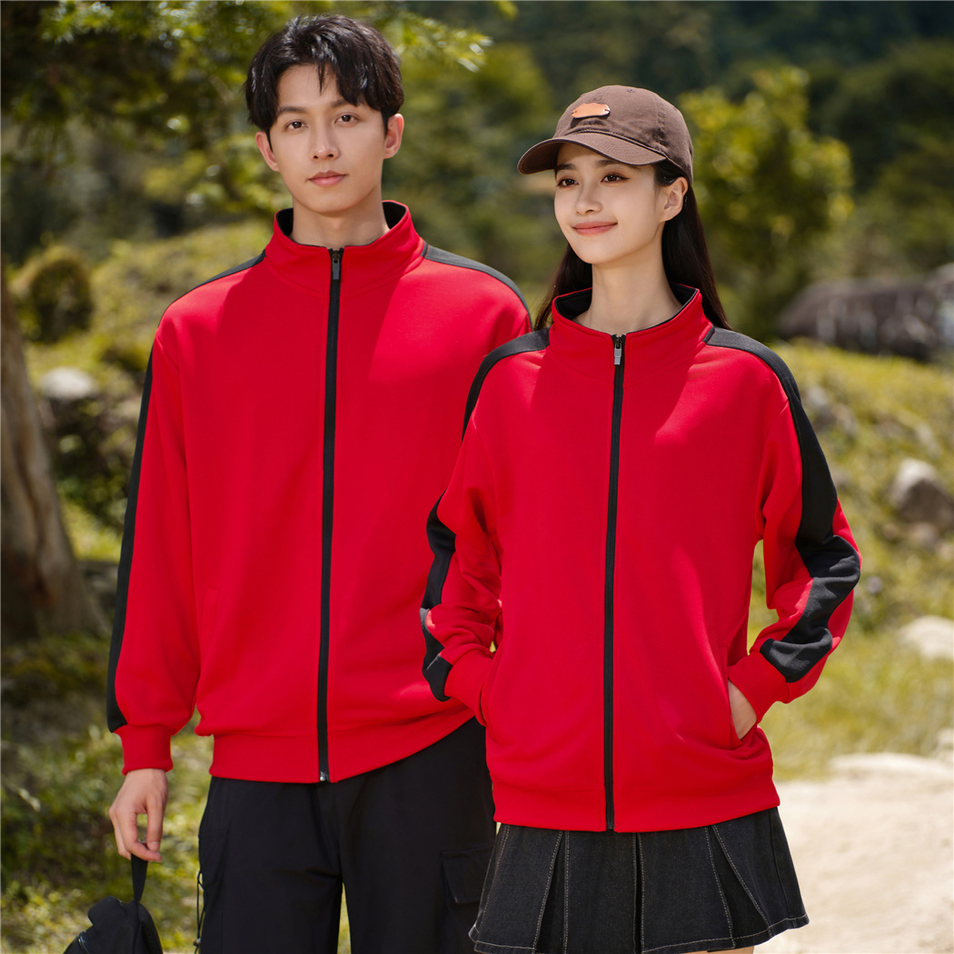 外贸跨境 260克斜纹拉链立领卫衣拼色开衫运动服外套工作服印LOGO